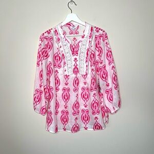 crown and ivy coral white sweet talk linen top vacation resort wear